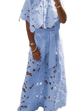 Light Blue Lace Cut Out Set with Wide Leg Pants, Cropped Top and Tie Waist